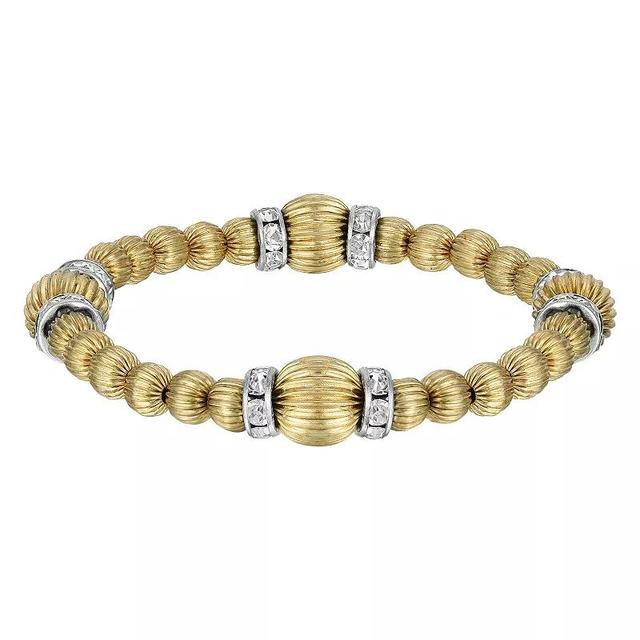 1928 Gold Tone Textured & Crystal Rondell Stretch Bracelet, Womens, White Product Image