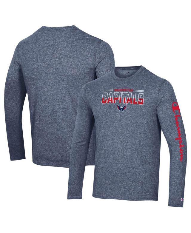 Men's Champion Heather Navy Washington Capitals Tri-Blend Long Sleeve T-Shirt Product Image