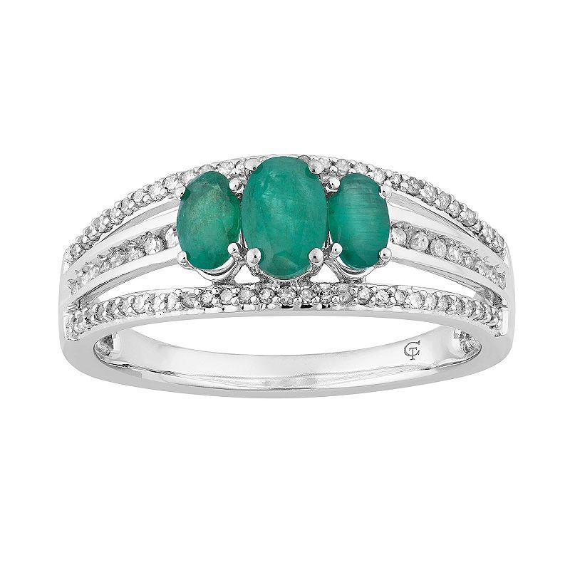 10k White Gold Emerald & 1/4 Carat T.W. Diamond 3-Stone Ring, Womens Green Product Image