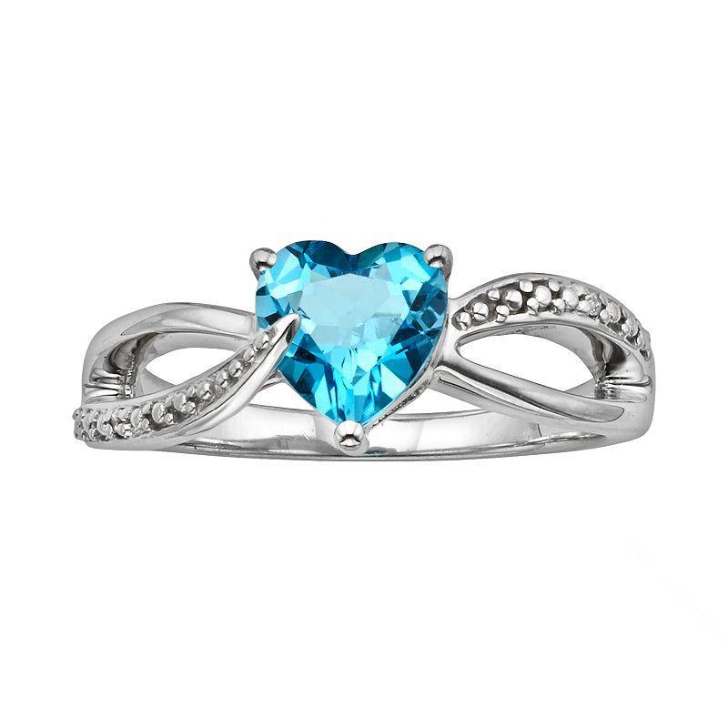 Sterling Silver Blue Topaz and Diamond Accent Heart Bypass Ring, Womens Product Image