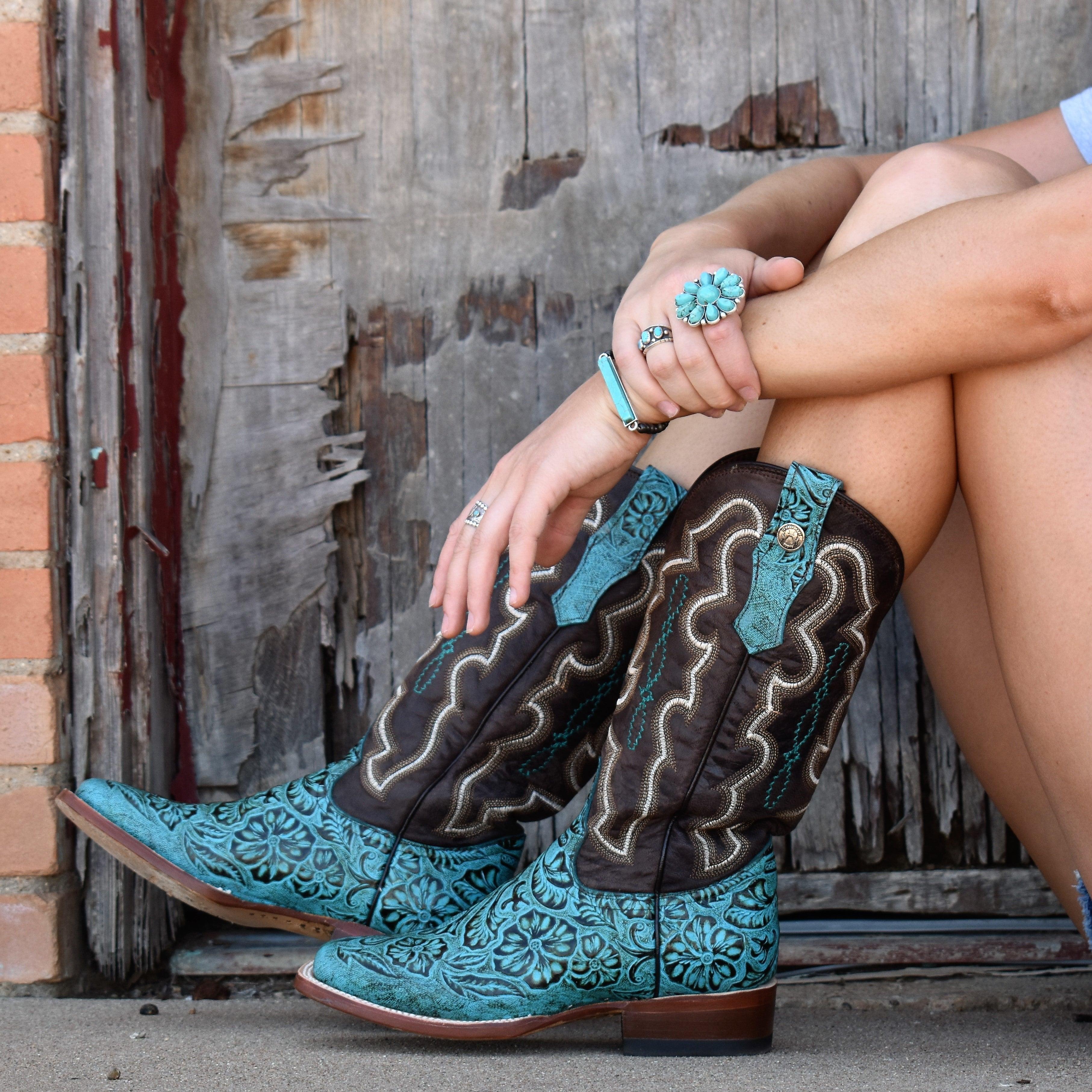 Turquoise Tooled Leather Boots Product Image