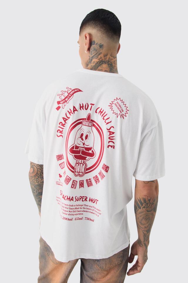 Mens Tall Siracha Hot Chilli License Back Print T-shirt In White, White Product Image