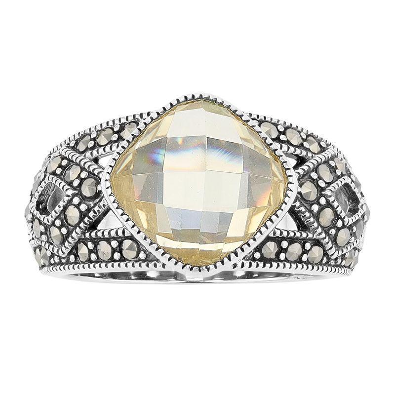 Lavish by TJM Sterling Silver Canary Cubic Zirconia & Marcasite Cushion Ring, Womens Product Image