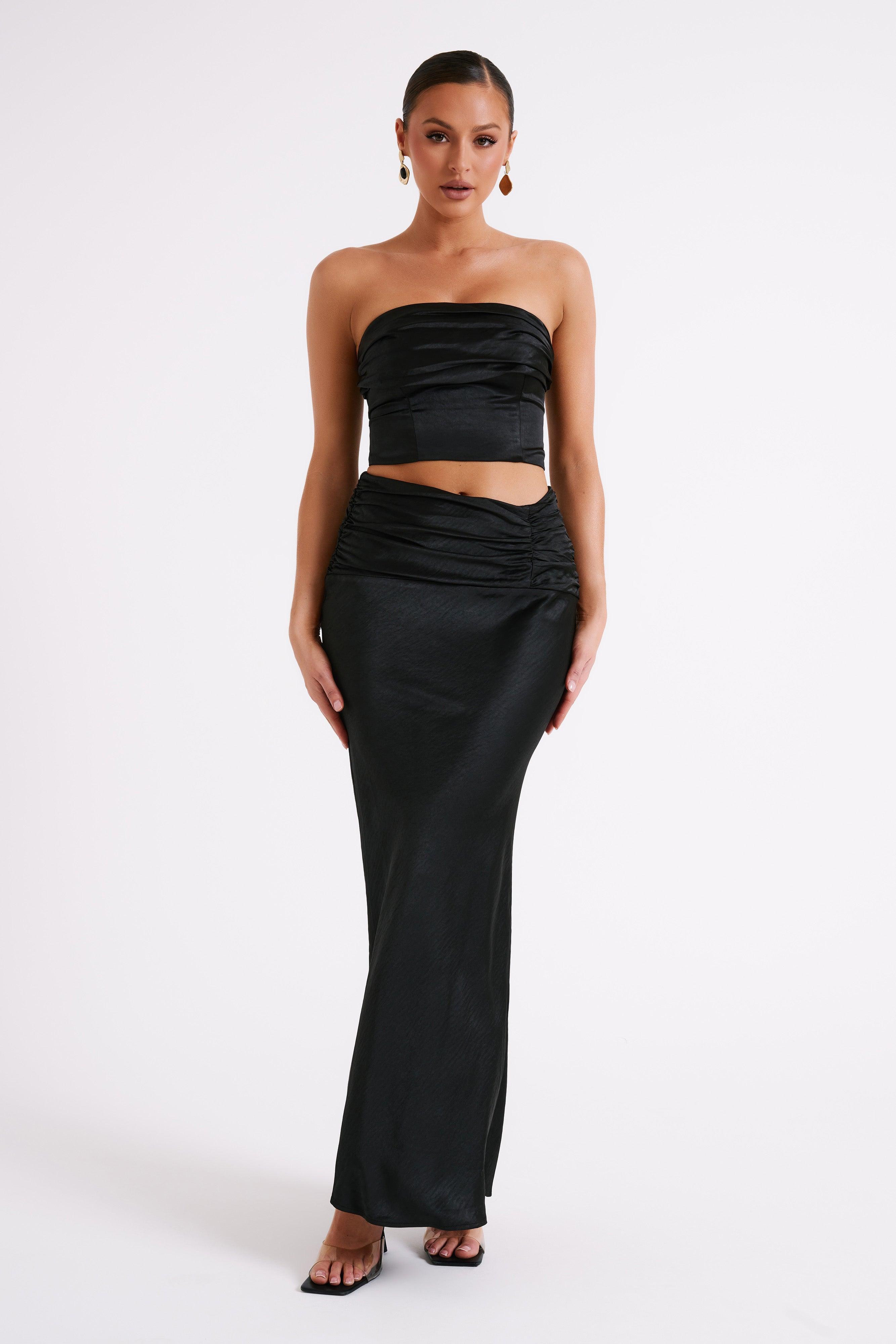 Khalani Ruched Strapless Satin Top - Black Product Image