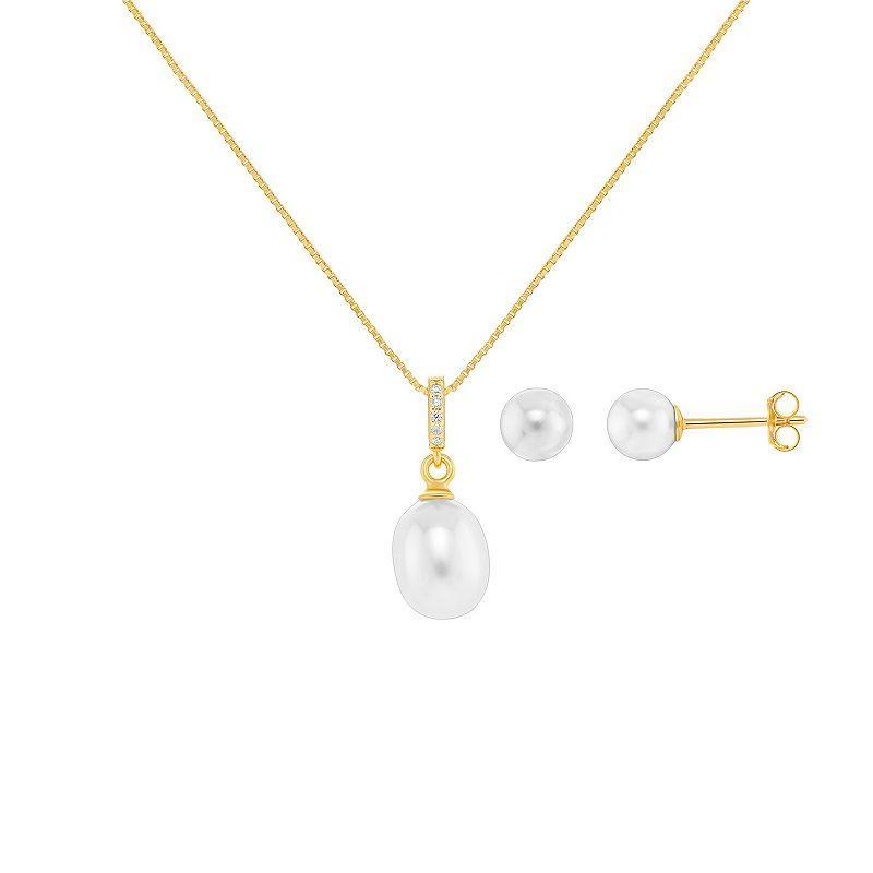 PRIMROSE Sterling Silver Simulated Pearl Pendant & Stud Earring Set, Womens Yellow Gold Tone Clear Product Image