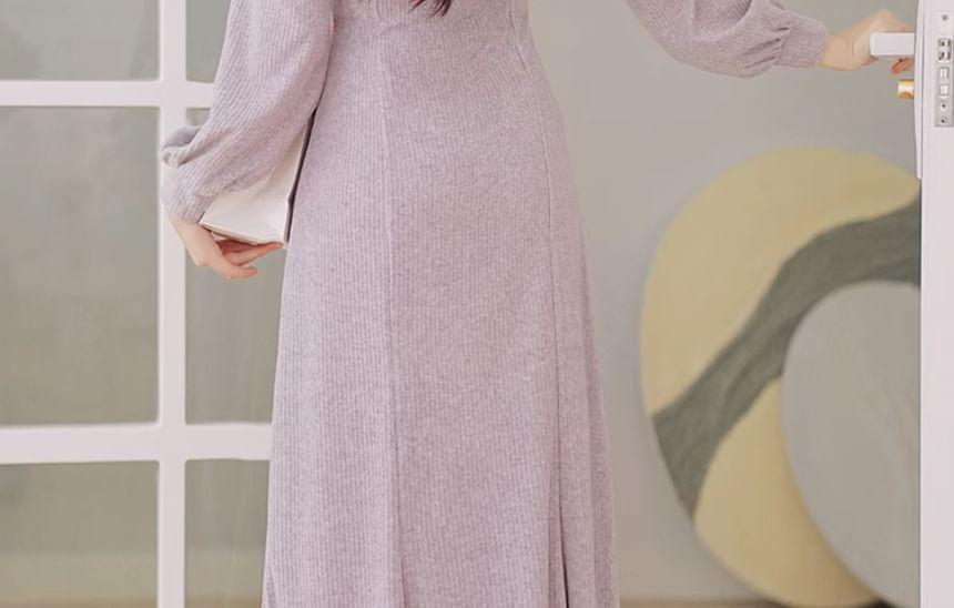 Long Sleeve V-Neck Flower Detail  Maxi A-Line Dress Product Image