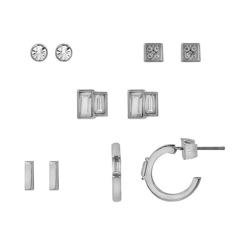 LC Lauren Conrad Silver Tone Crystal 5-Pack Assorted Earrings Set, Womens Product Image