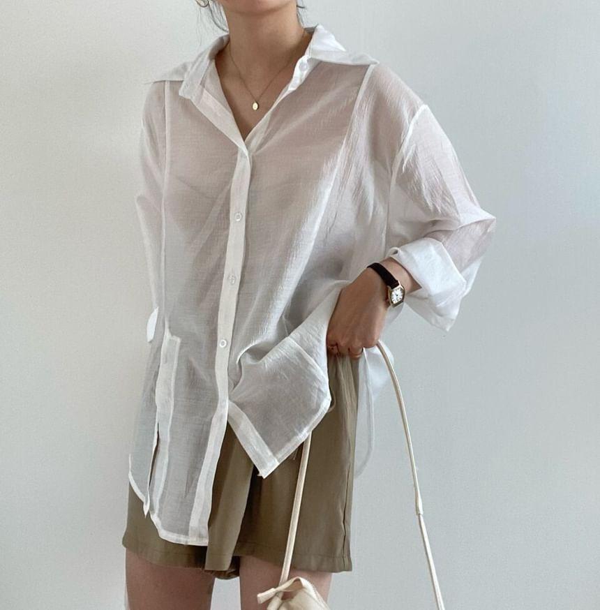 Long Sleeve Collared Plain Slit Wrap Shirt Product Image