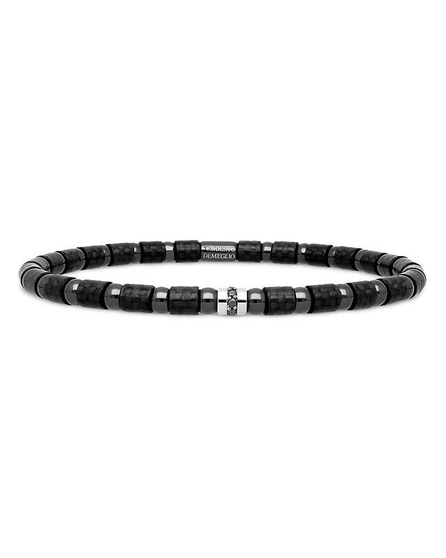 Roberto Demeglio 18K White Gold & Carbon Fiber Uomo Black Diamond Bead Stretch Bracelet Product Image