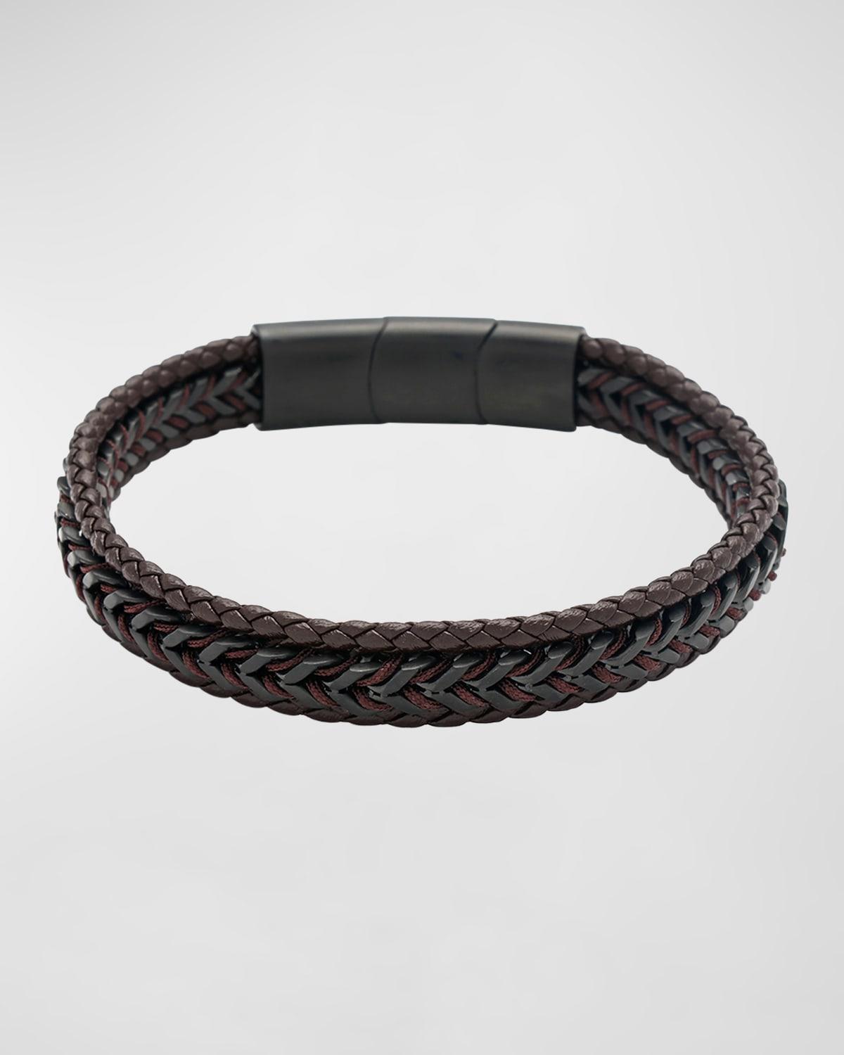 Mens Woven Leather and Stainless Steel Bracelet Product Image