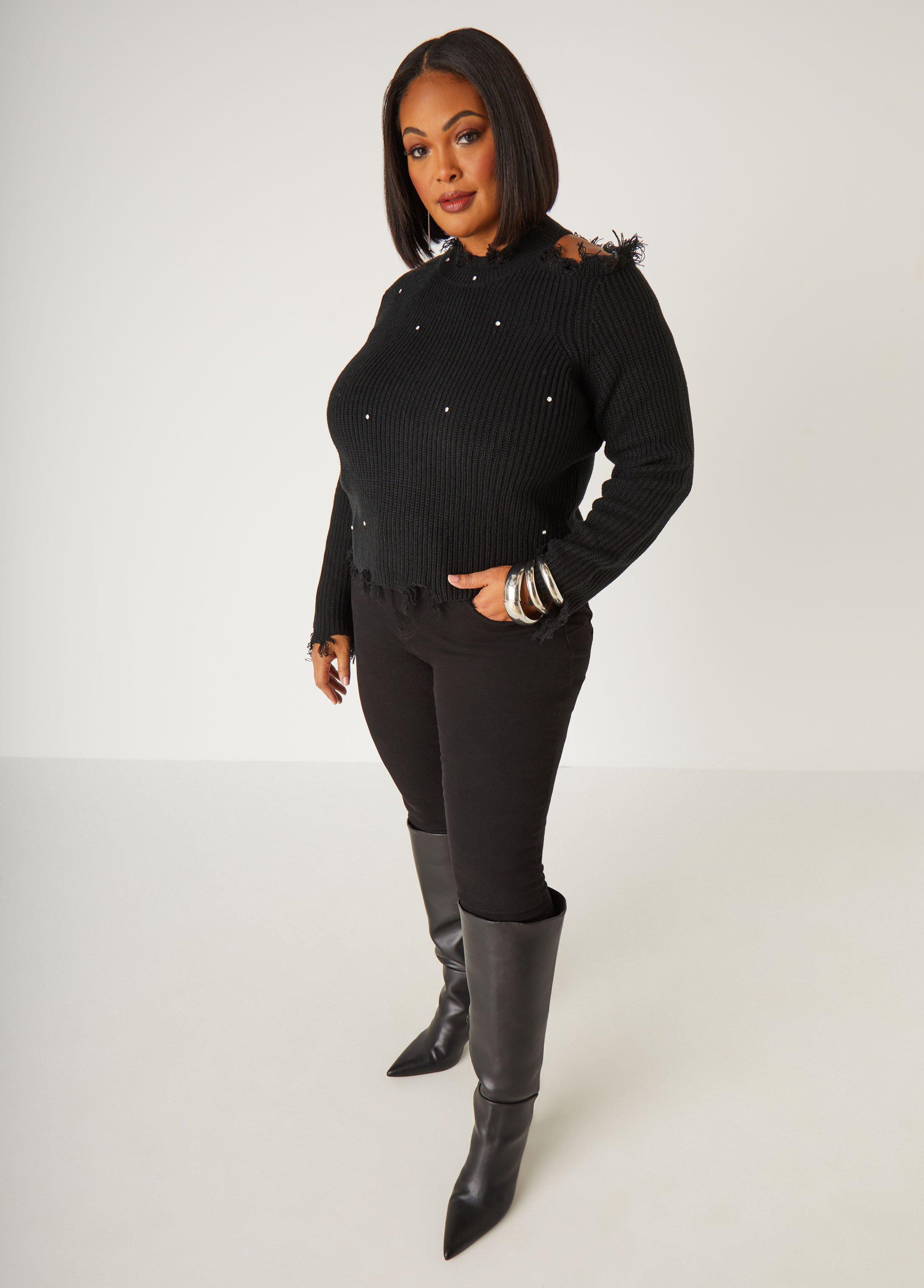 Plus Size Distressed Cutout Crystal Sweater Ashley Stewart Product Image