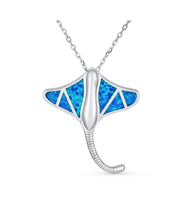 Bling Jewelry Large Nautical Ocean Blue Created Opal Inlay Stingray Pendant Necklace For Women .925 Sterling Silver Product Image