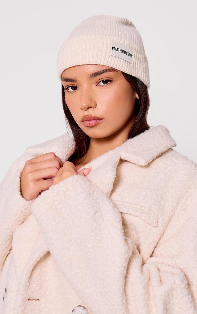 PRETTYLITTLETHING Cream Logo Rib Beanie Product Image