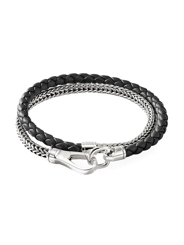 Mens Sterling Silver & Braided Leather Double Wrap Bracelet Product Image