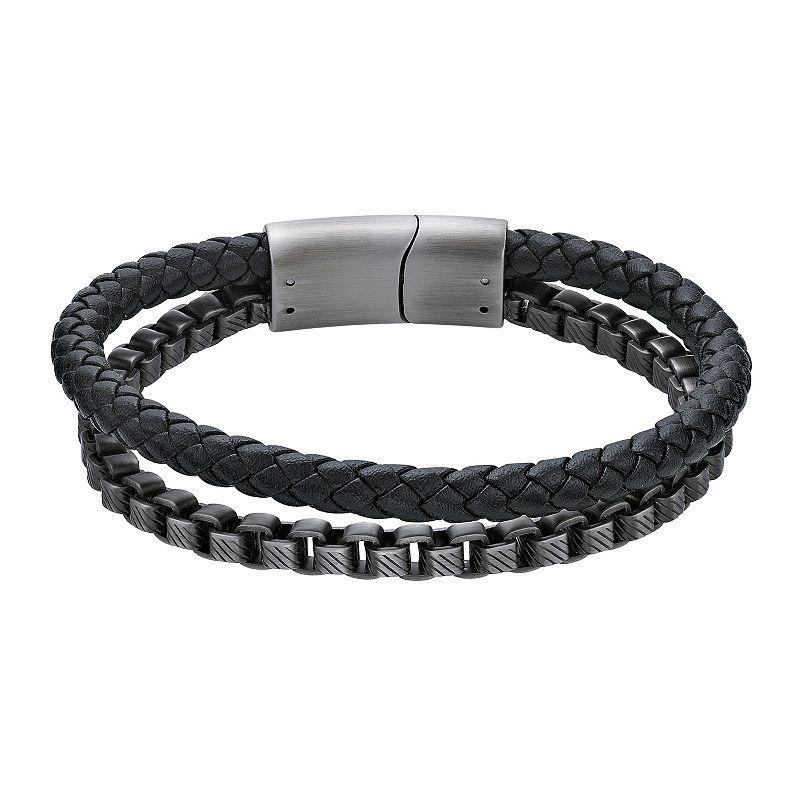 LYNX Mens Stainless Steel Box Chain & Braided Black Leather Bracelet Multi Product Image