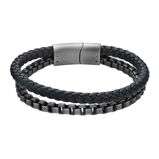 LYNX Mens Stainless Steel Box Chain & Braided Black Leather Bracelet Multicolor Product Image