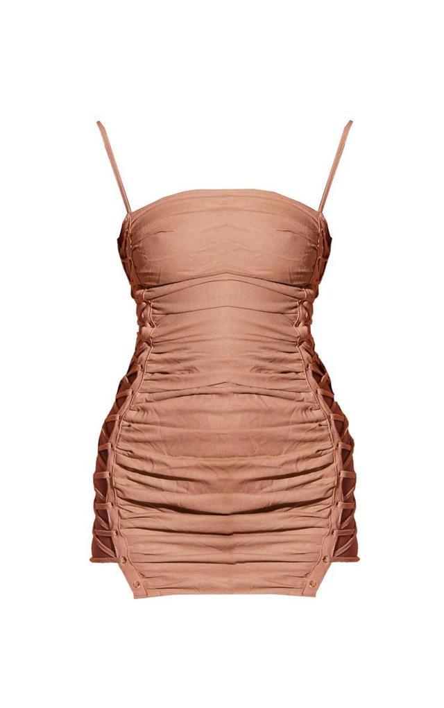 Taupe Linen Look Lace Up Side Bodycon Dress Product Image