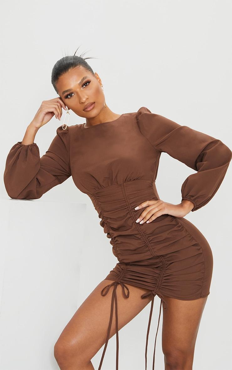 Chocolate Ruched Long Sleeve Bodycon Dress Product Image