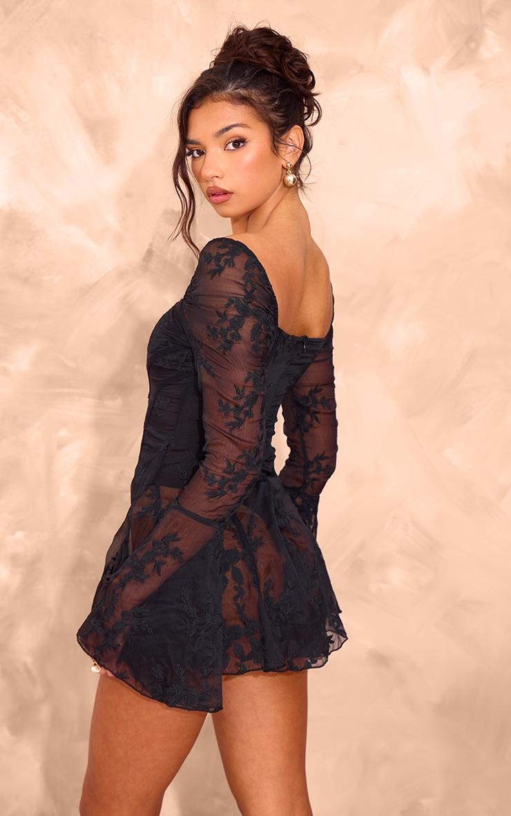 Black Lace Binding Detail Flare Sleeve Romper Product Image