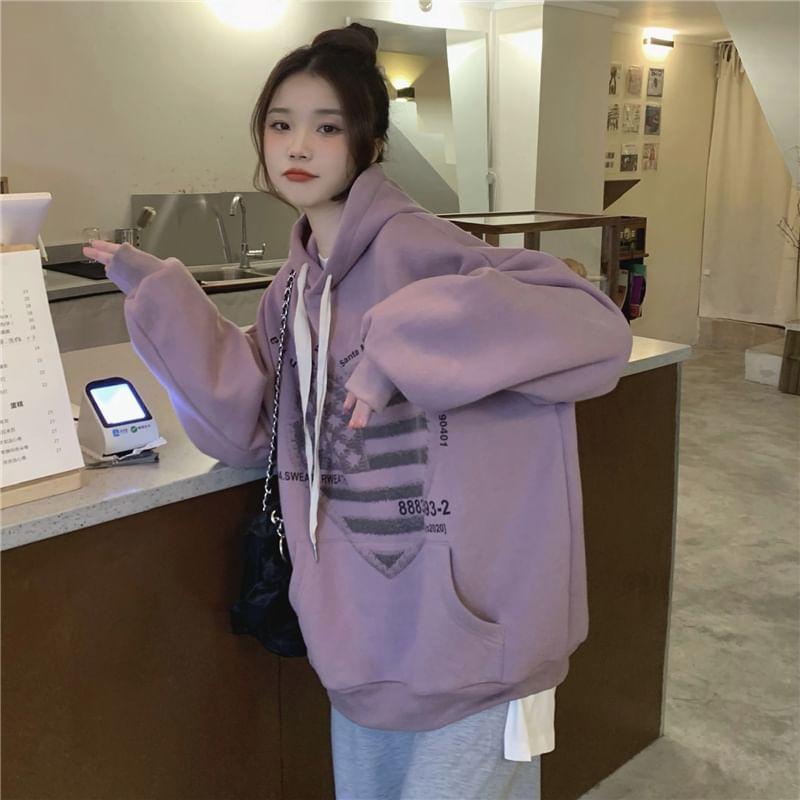 Heart Print Drawstring Fleece-Lined Hoodie Product Image