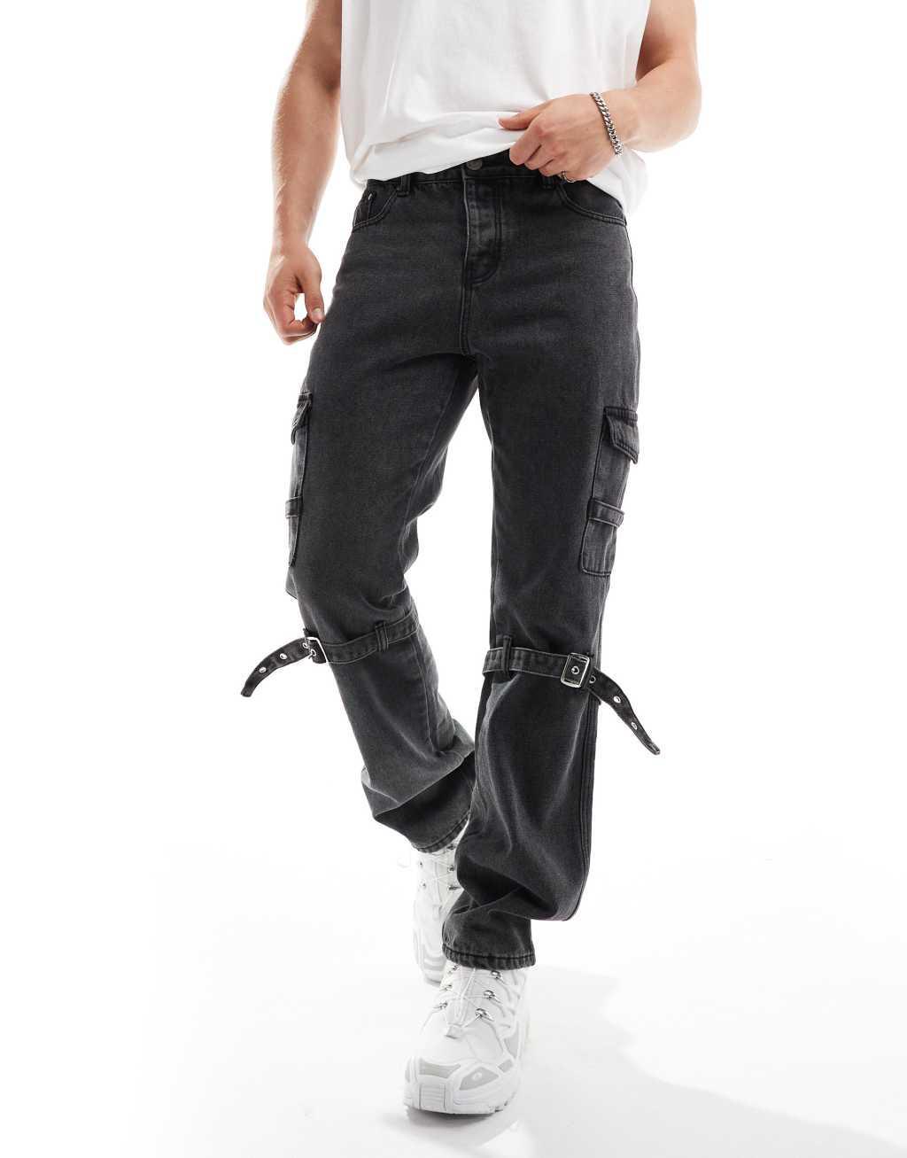 Liquor N Poker relaxed cargo jeans with strap in black wash Product Image