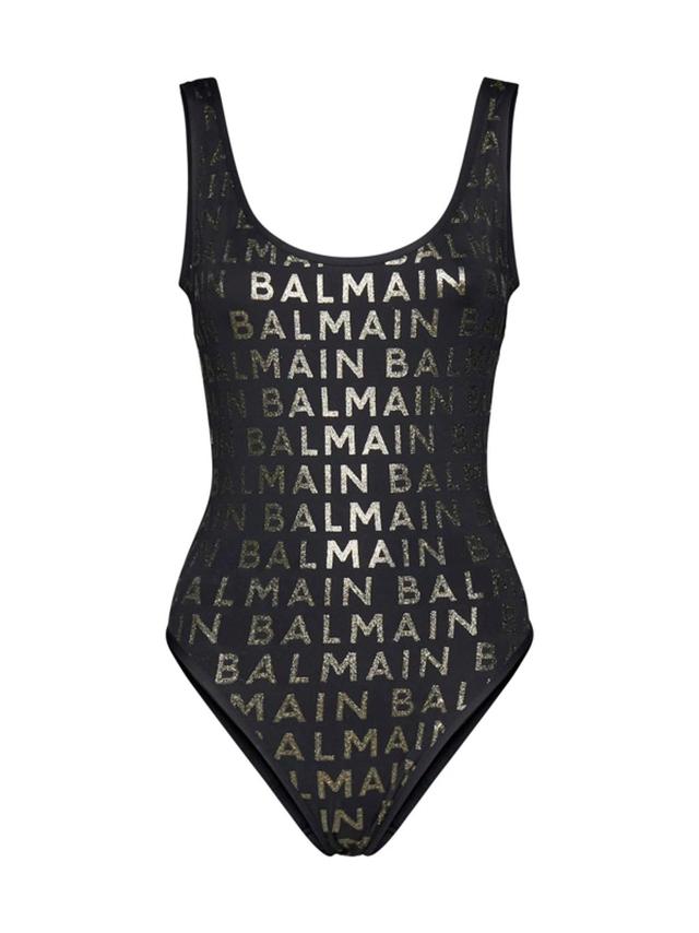 Logo-print Sleeveless Swimsuit In Black,gold Product Image