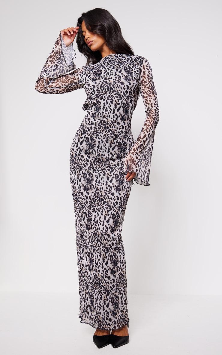 Brown Leopard Print Mesh Long Sleeve Maxi Dress Product Image