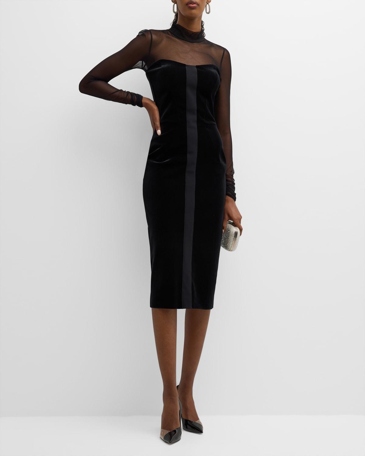 Calanta Bodycon Illusion Velvet Midi Dress Product Image