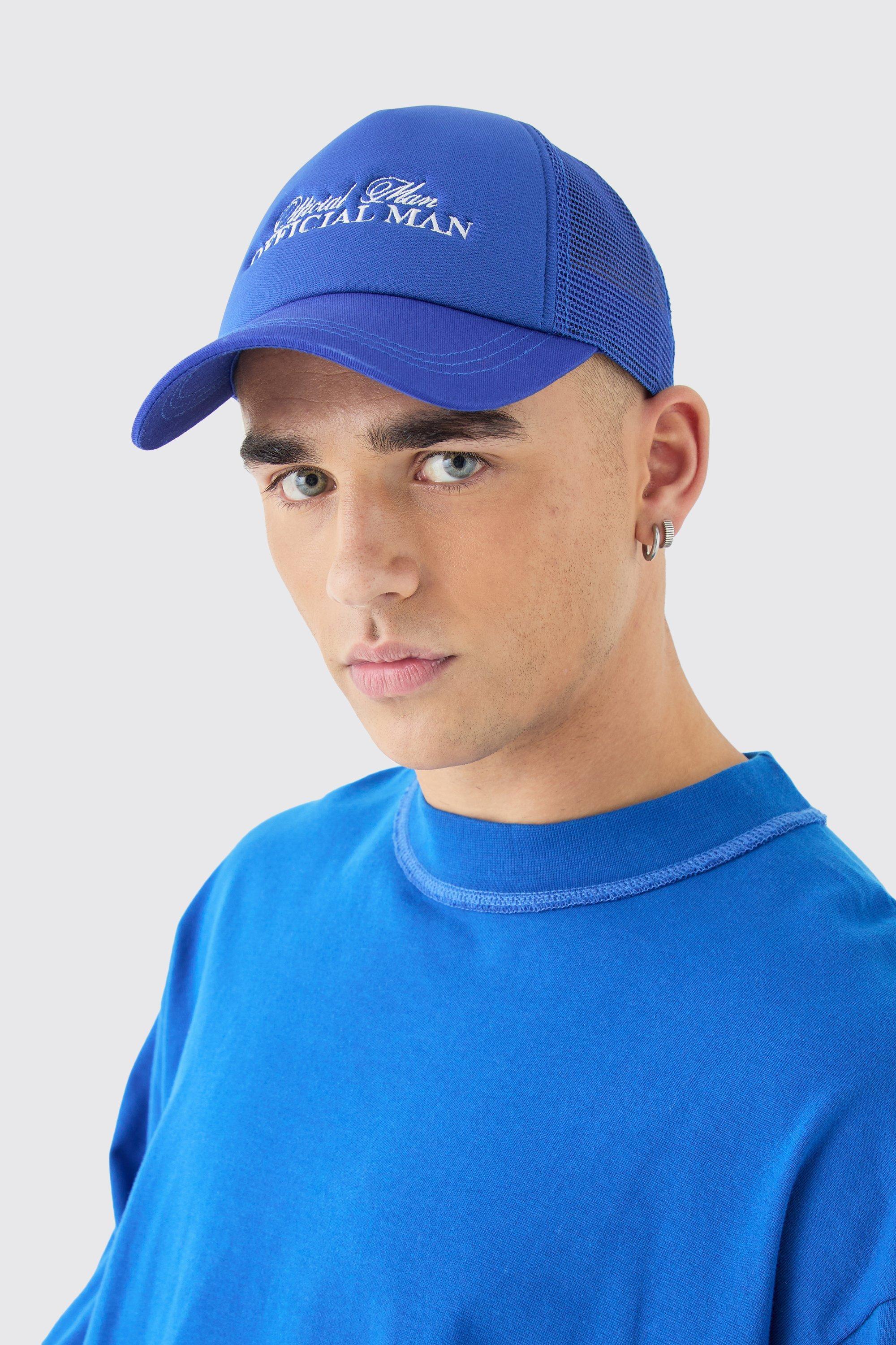 Official Man Embroidered Foam Cap With Mesh Panels In Blue | boohooMAN USA Product Image