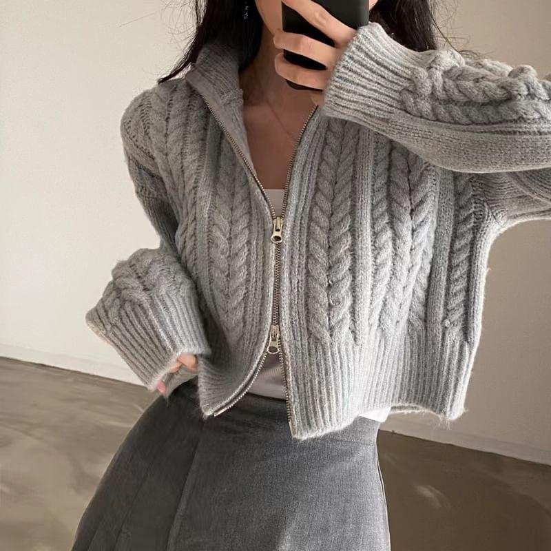 Stand Collar Cable Knit Cropped Zip Cardigan Product Image