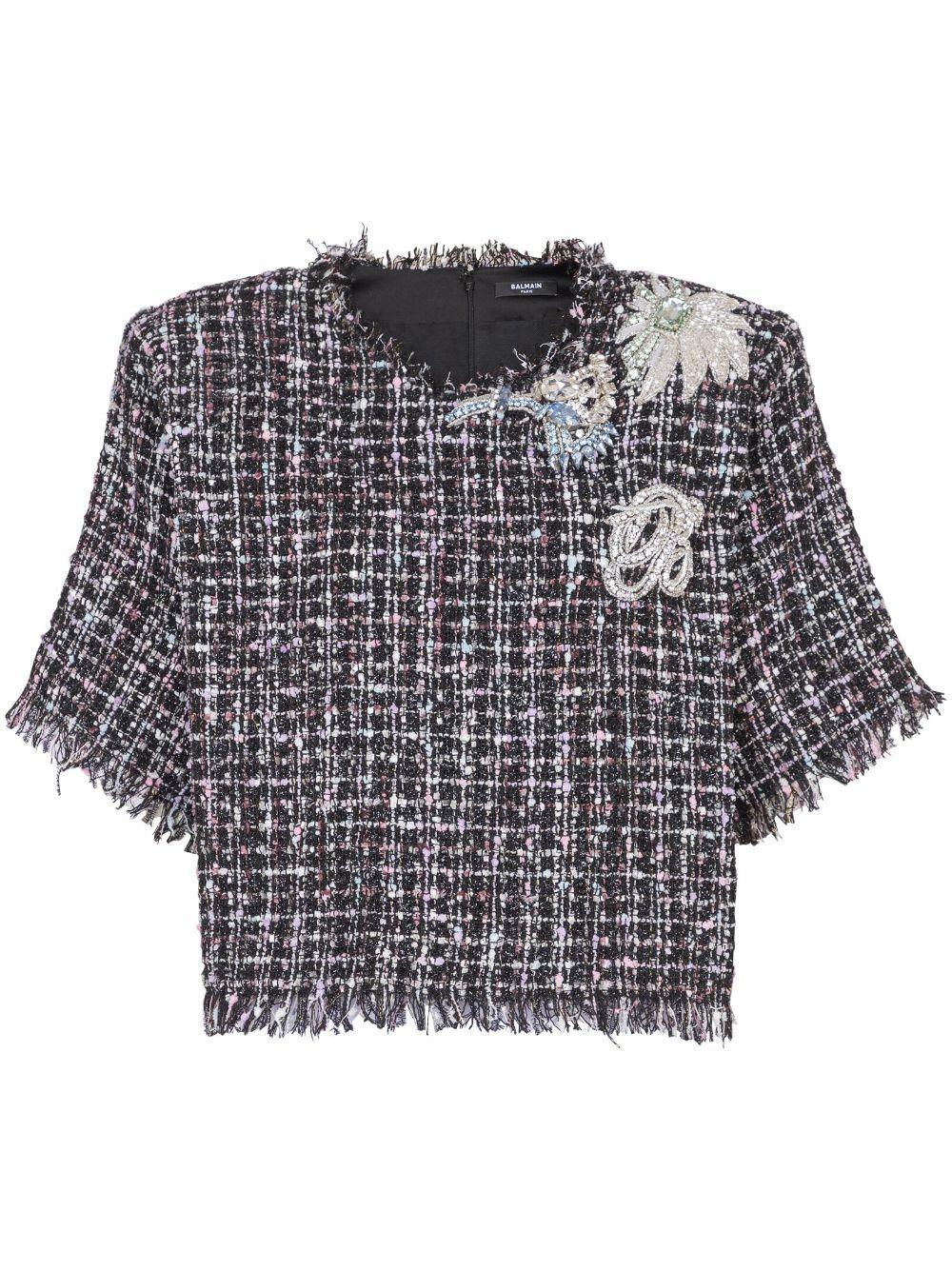 BALMAIN Crystal-embellished Tweed T-shirt In Multicoloured 1 Product Image