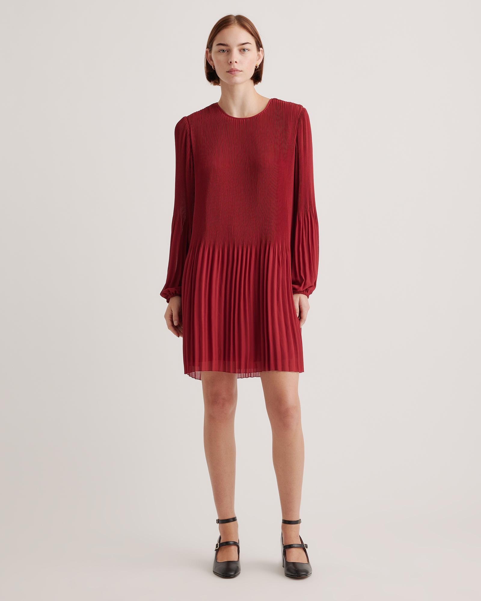 Womens Chiffon Pleated Long Sleeve Mini Dress in Bright Burgundy, Size Medium, Recycled Polyester by Quince Product Image