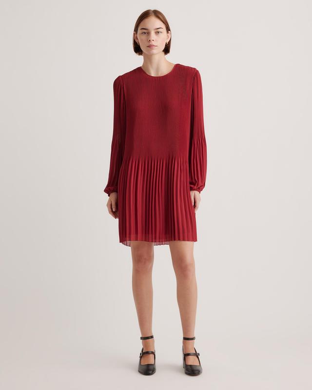 Womens Chiffon Pleated Long Sleeve Mini Dress in Bright Burgundy, Size Medium, Recycled Polyester by Quince Product Image