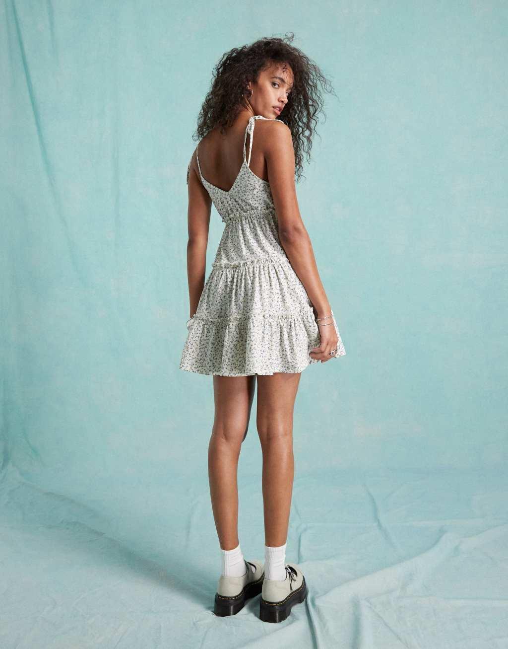 Miss Selfridge tiered mini dress with tie cami straps in white floral print Product Image