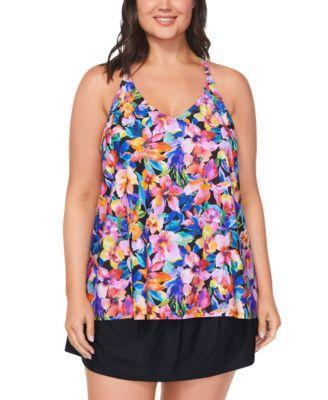 Plus Size Floral-Print Tankini Top & Tummy-Control Swim Skirt, Created for Macy's Product Image