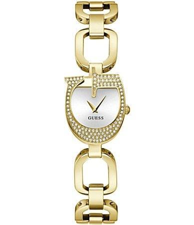 Guess Womens Crystal G Shape Analog Gold Tone Stainless Steel Bracelet Watch Product Image