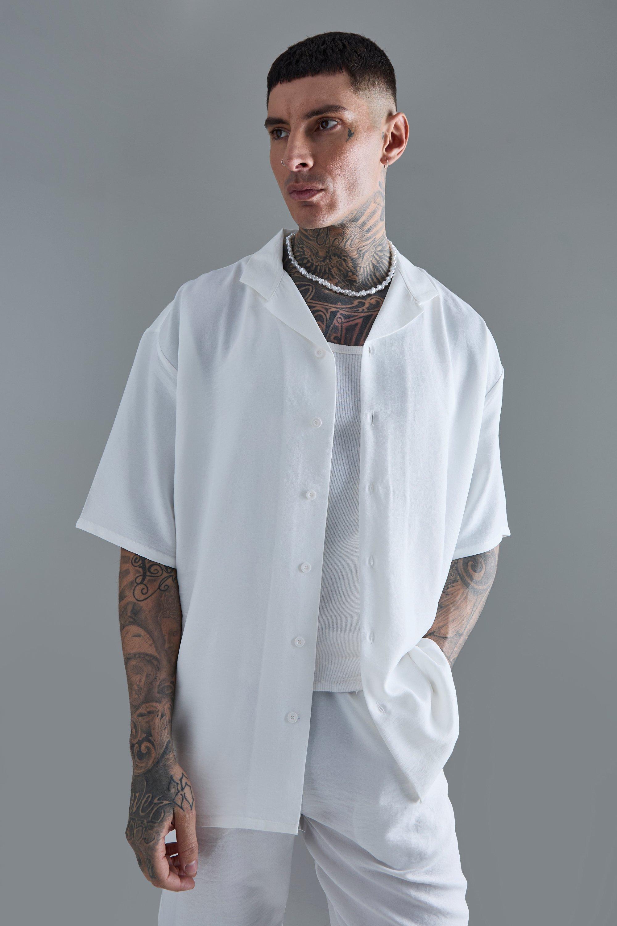 Tall Short Sleeve Drop Revere Linen Shirt In White | boohooMAN USA Product Image