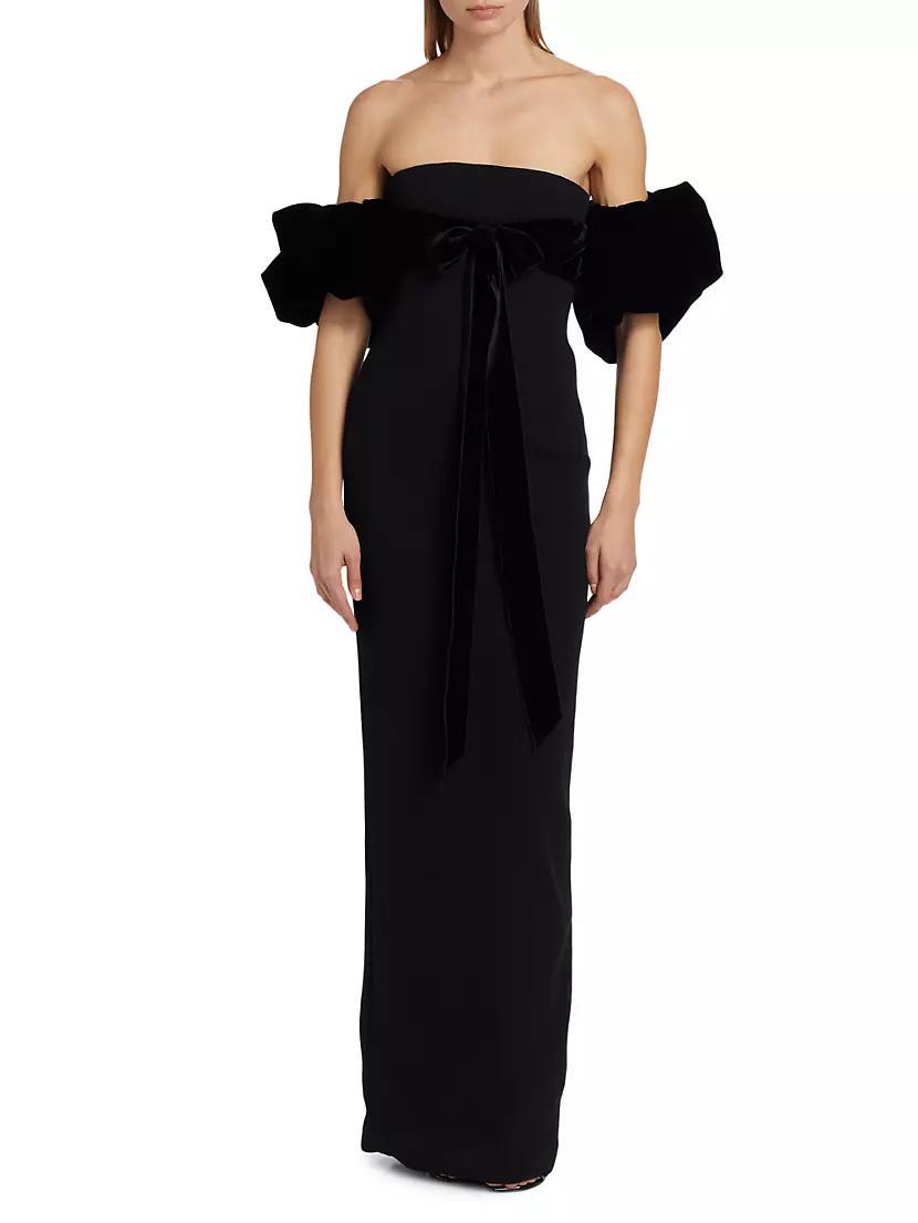 Velvet Strapless Puff-Sleeve Column Gown Product Image