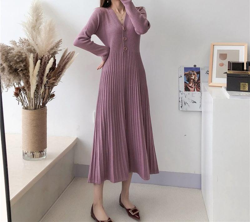 Long-Sleeve V-Neck Plain Ribbed Midi Knit Dress Product Image