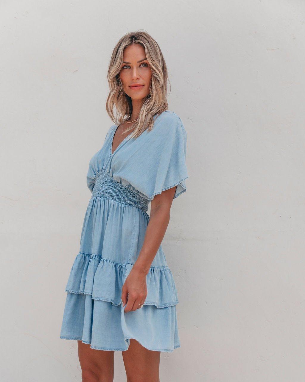 Sylvie Smock Tiered Mini Dress - Chambray Product Image