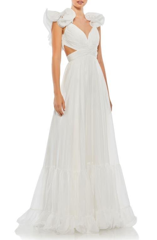 Ieena Mac Duggal Chiffon V-Neck Sleeveless Cut-Out Strappy Back Detail Tiered Ruffle Hem Gown Product Image