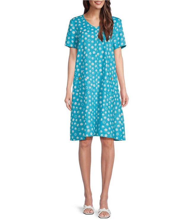 Ali Miles Printed Polka Dot Woven V-Neck Short Sleeve A-Line Dress Product Image