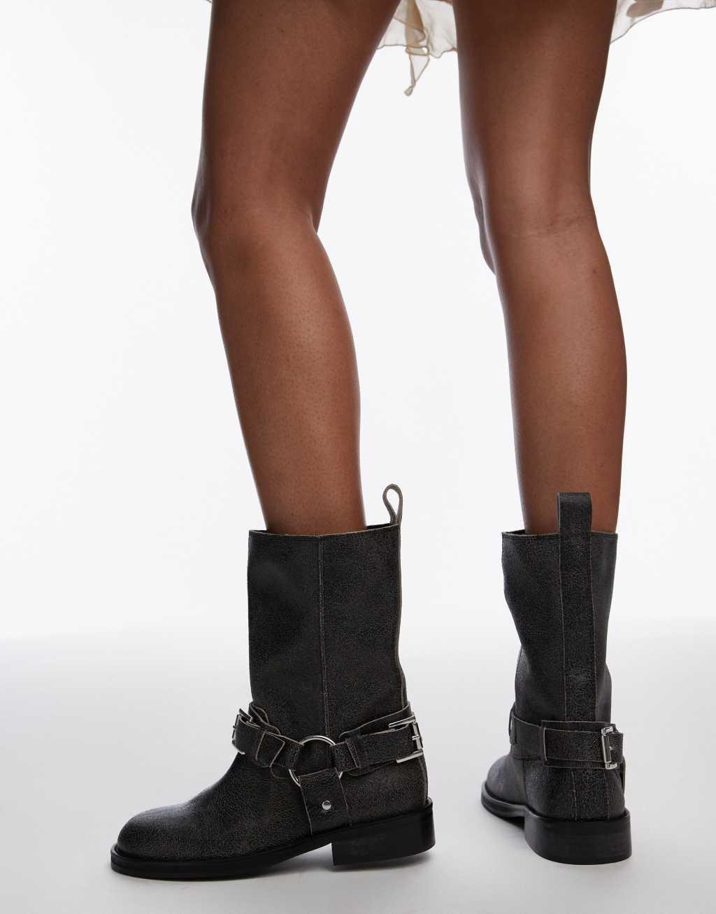 Topshop Leam premium leather biker boots in distressed gray Product Image