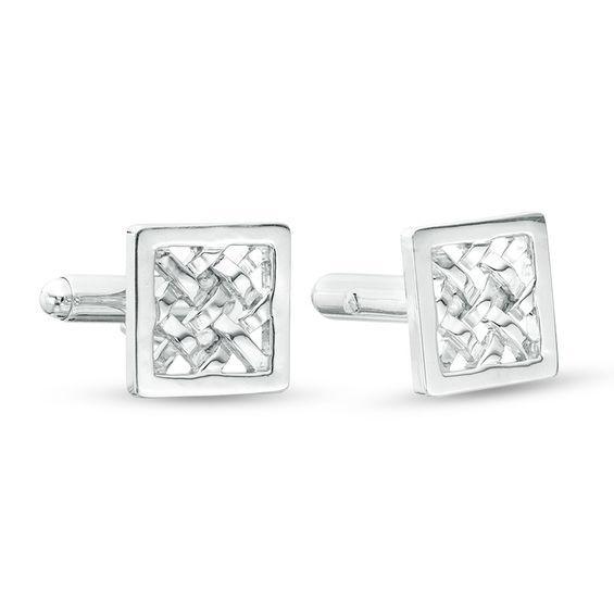 Men's Square Frame Criss-Cross Pattern Cuff Links in Sterling Silver Product Image