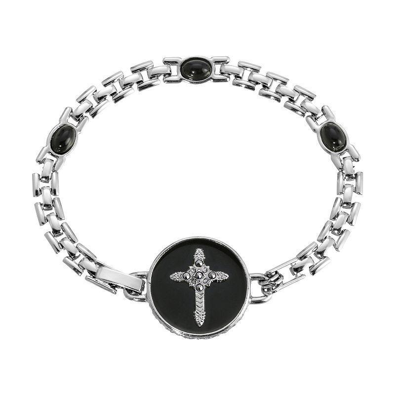 Symbols of Faith Round Black Enamel Cross Link Bracelet, Womens Product Image