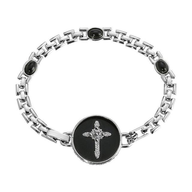 Symbols of Faith Round Black Enamel Cross Link Bracelet, Womens Product Image