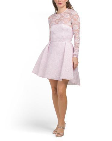 Long Sleeve Lace Mini Dress With Illusion Neckline For Women Product Image