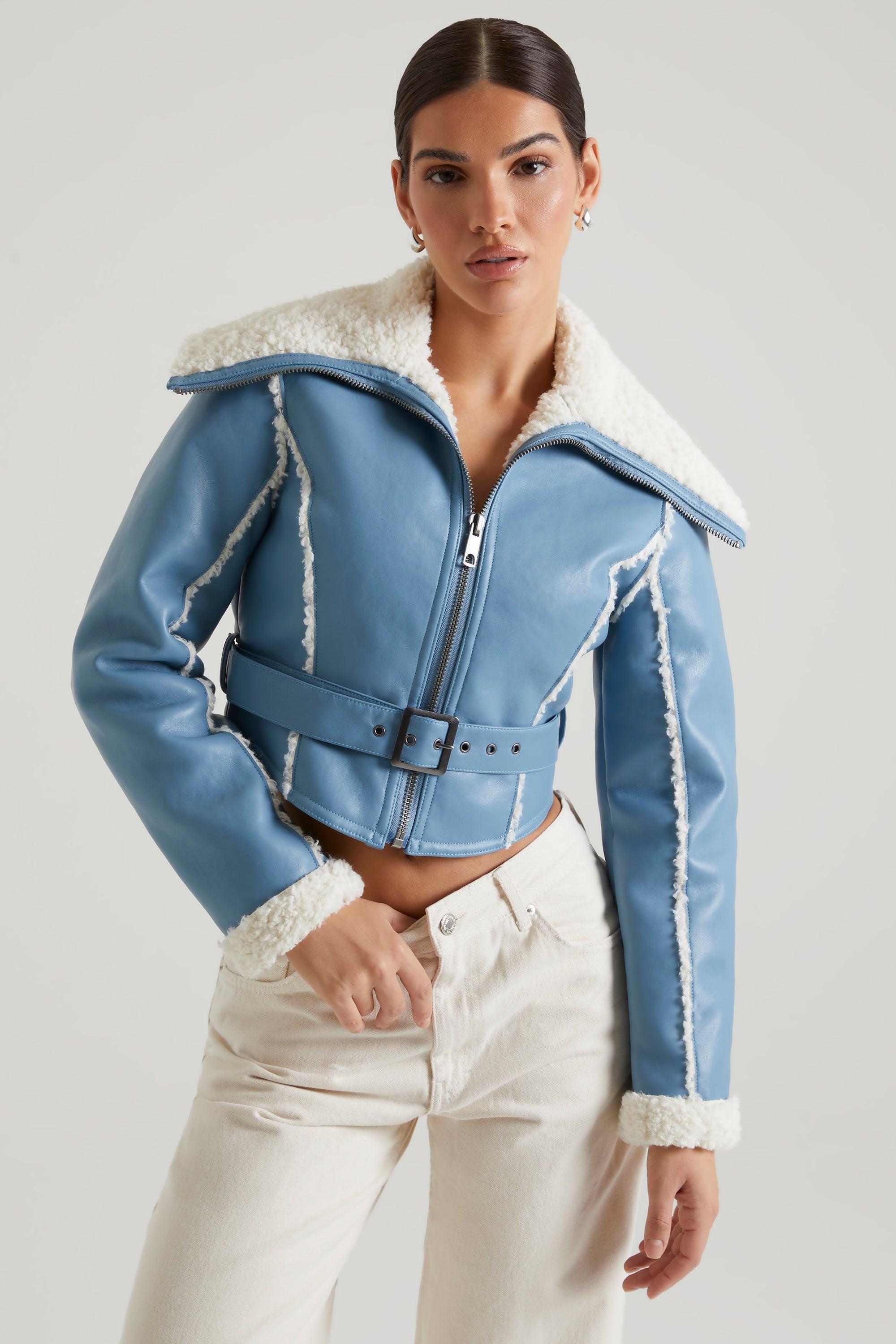 Jacket with Shearling Collar and Trim in Blue Product Image