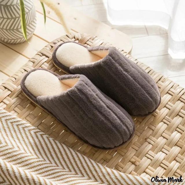 Olivia Mark – Autumn and winter bow thickened warm home plush slippers non-slip home couple cotton shoes Product Image