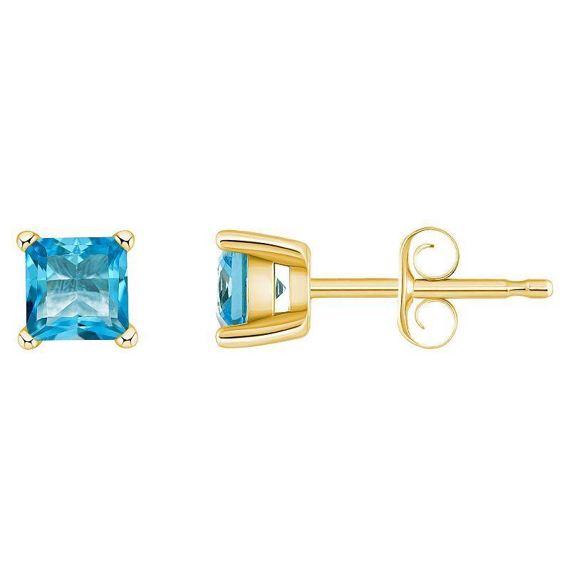 14k Gold 4 mm Princess Cut Swiss Blue Topaz Stud Earrings, Womens, 14k Yellow Gold Product Image